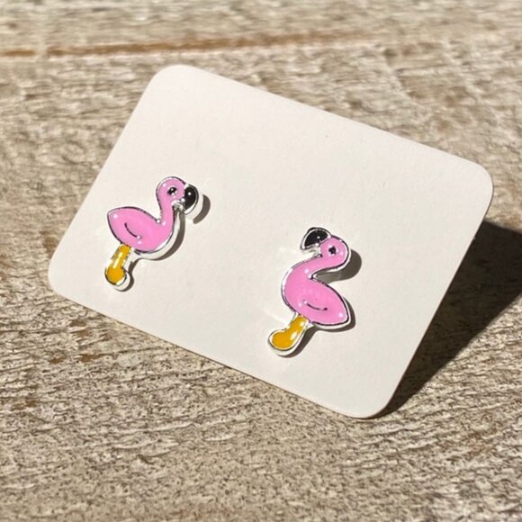 Flamingo Silver Studs Fashion Earrings Posts with Mini Dust Bag NEW - Picture 2 of 4